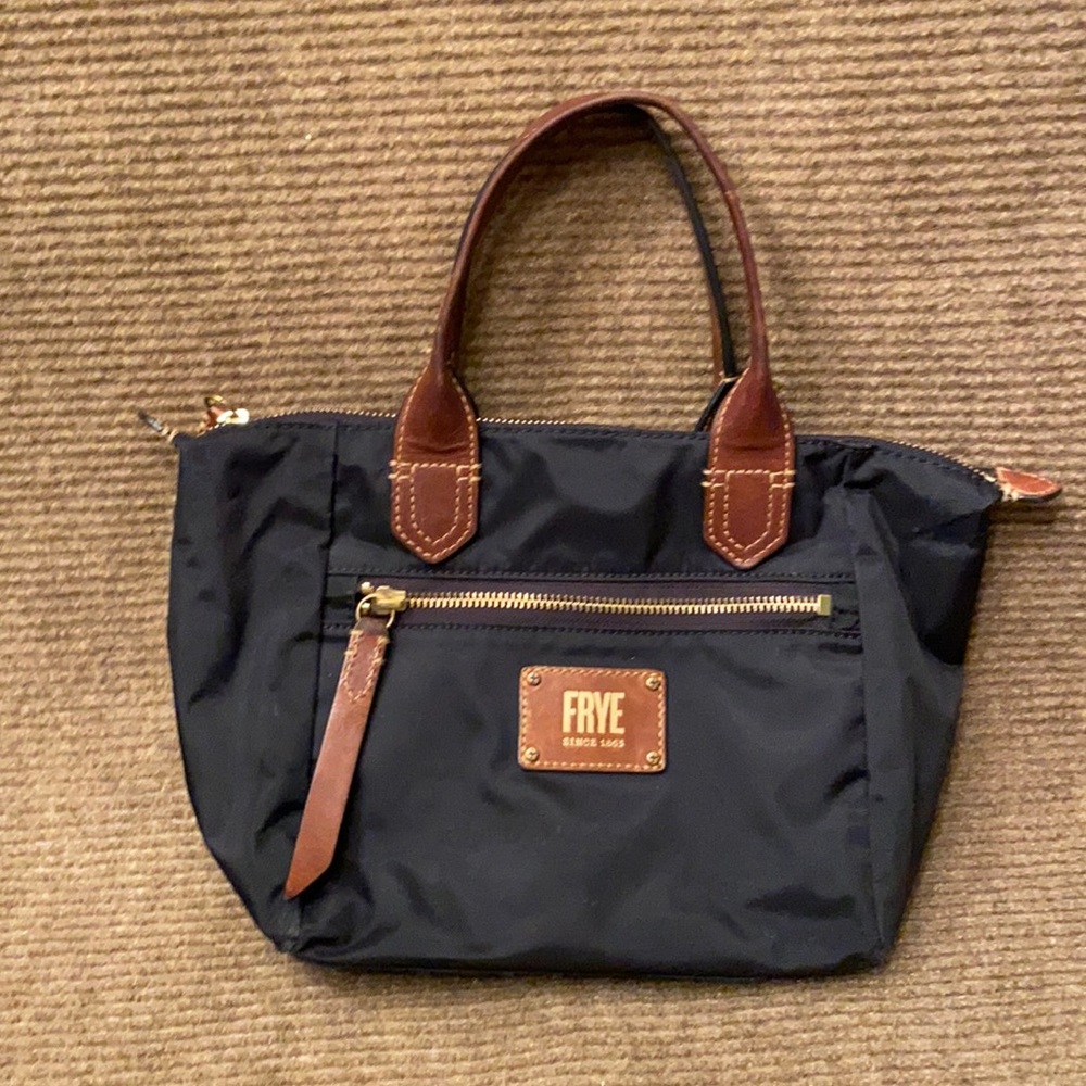 Frye Ivy Small Black Tote leather handles and trim